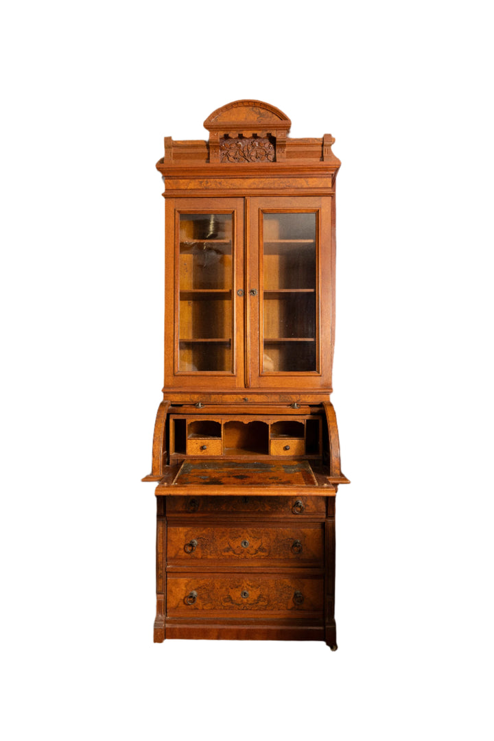 Burled Walnut Eastlake-Style Secretary Desk and Bookcase *Local Pickup Available in Honey Grove, TX*