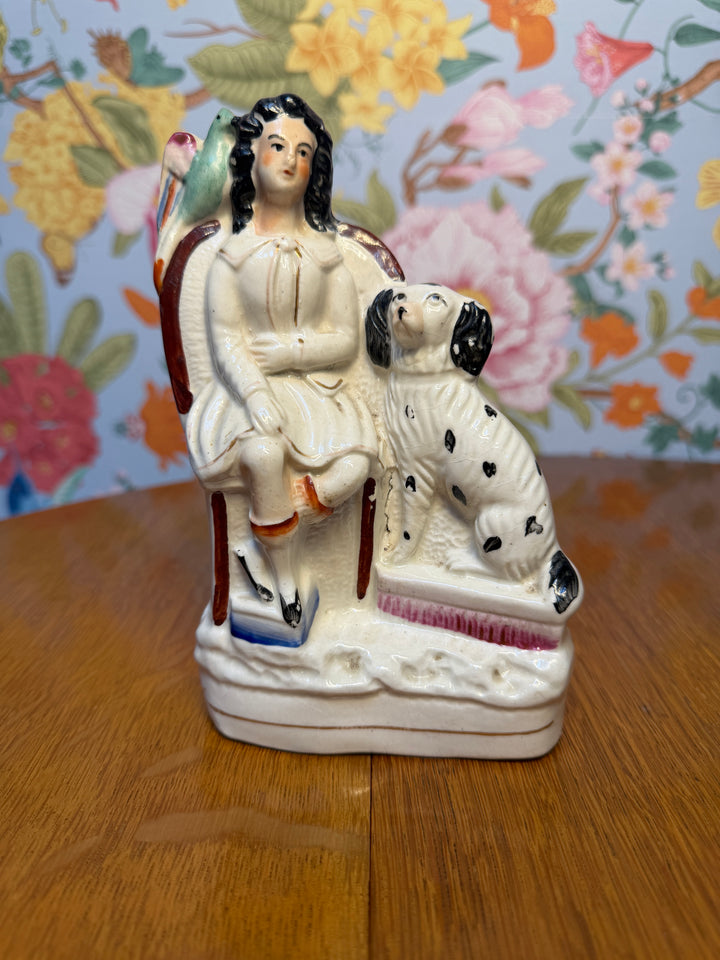 Antique Staffordshire Woman with Parrot and Dog