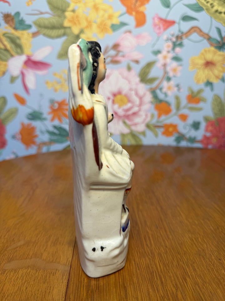 Antique Staffordshire Woman with Parrot and Dog