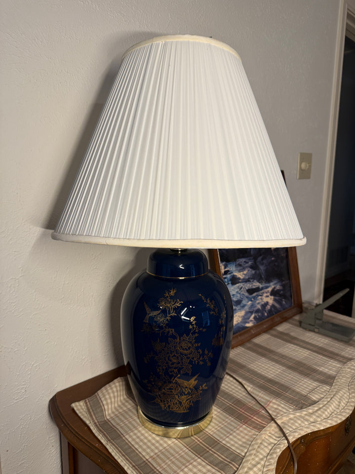 Navy Table Lamp with Gold Detailing and with Shade
