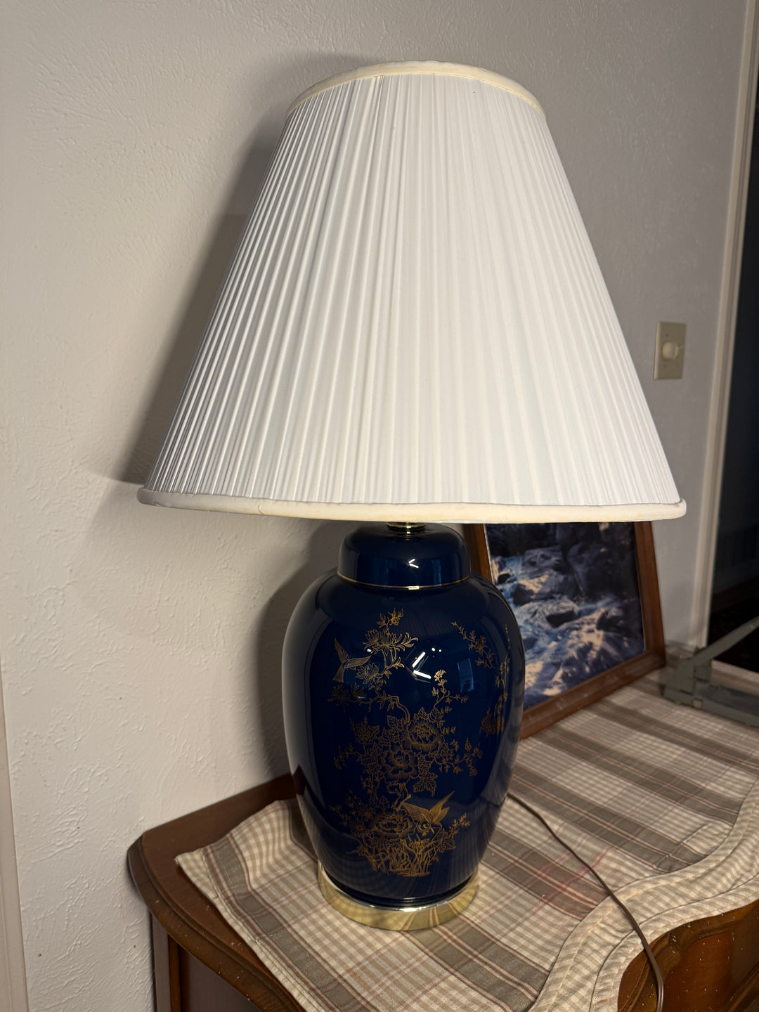 Navy Table Lamp with Gold Detailing and with Shade