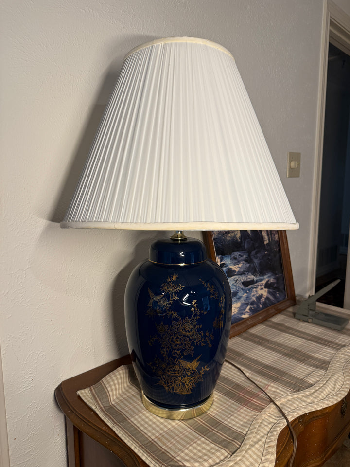 Navy Table Lamp with Gold Detailing and with Shade