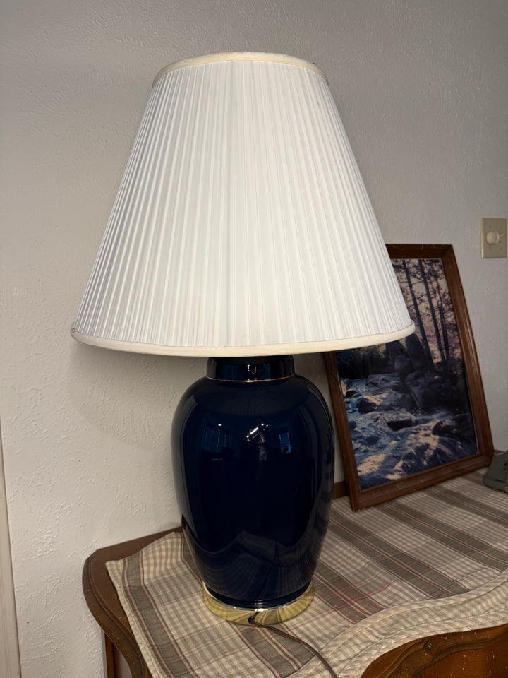 Navy Table Lamp with Gold Detailing and with Shade