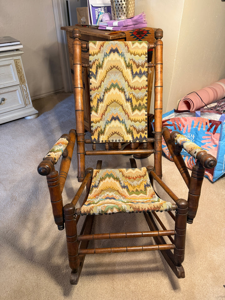 Antique Platform Rocker with Flame‑Stitch Tapestry