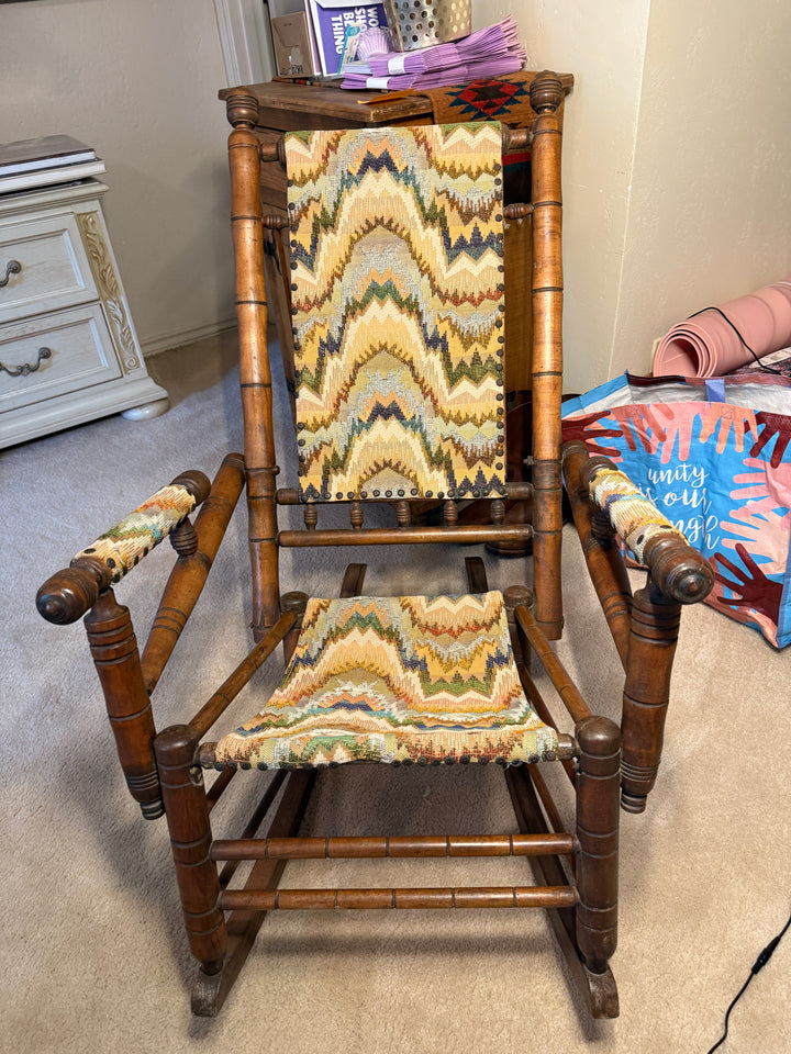 Antique Platform Rocker with Flame‑Stitch Tapestry