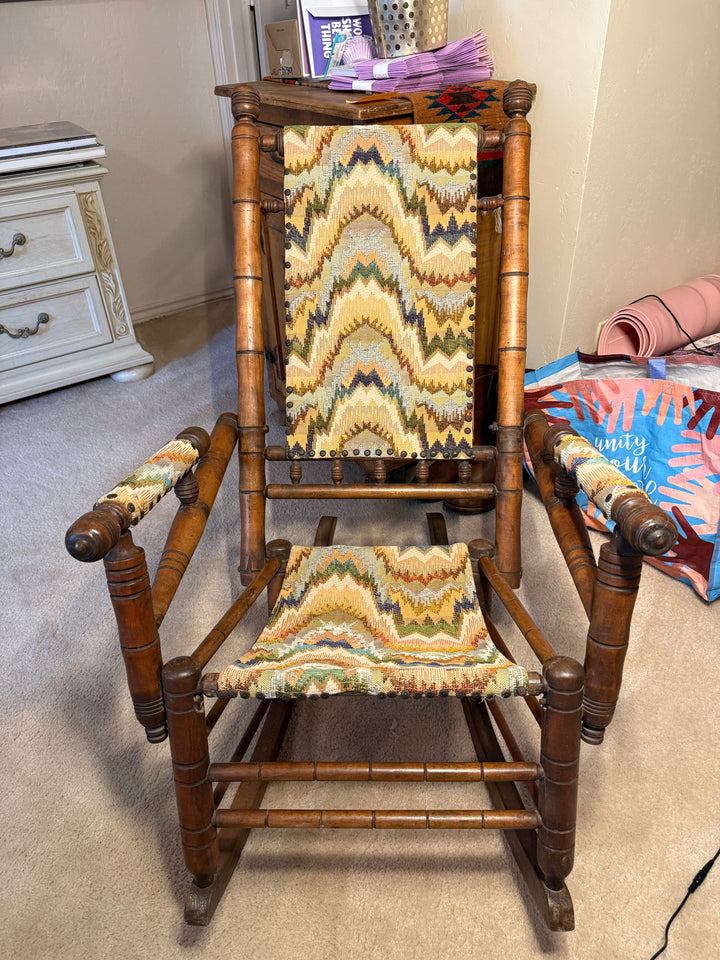 Antique Platform Rocker with Flame‑Stitch Tapestry