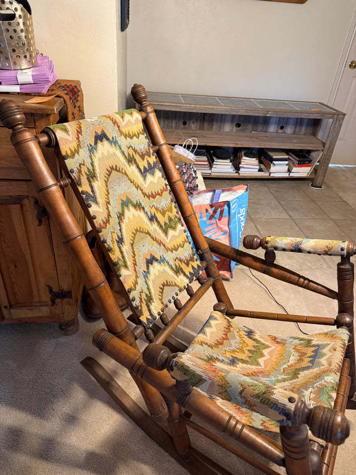 Antique Platform Rocker with Flame‑Stitch Tapestry