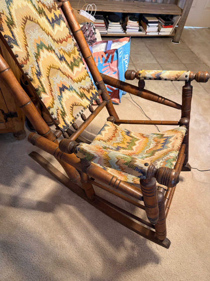 Antique Platform Rocker with Flame‑Stitch Tapestry