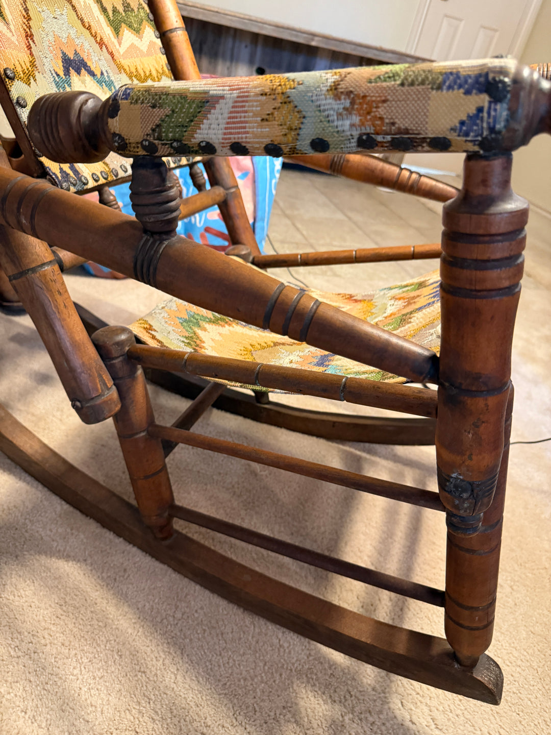 Antique Platform Rocker with Flame‑Stitch Tapestry