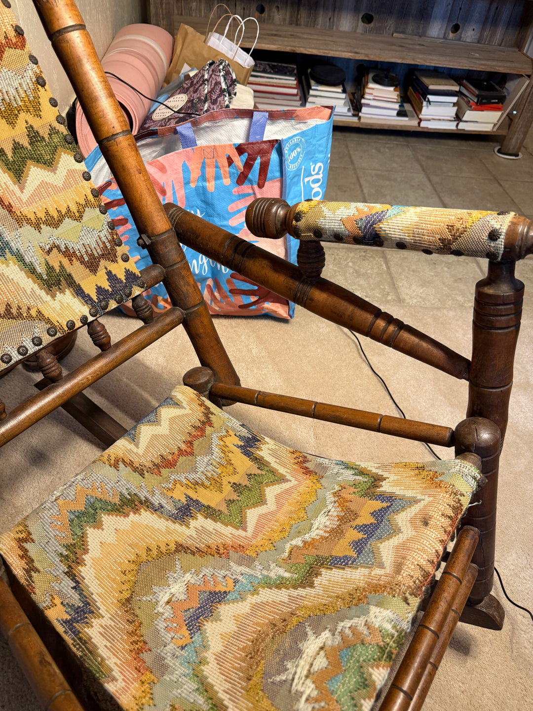 Antique Platform Rocker with Flame‑Stitch Tapestry