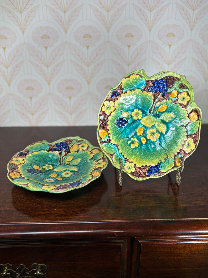 Set of 2 Samuel Alcock and Co Majolica Strawberry Leaf Plates