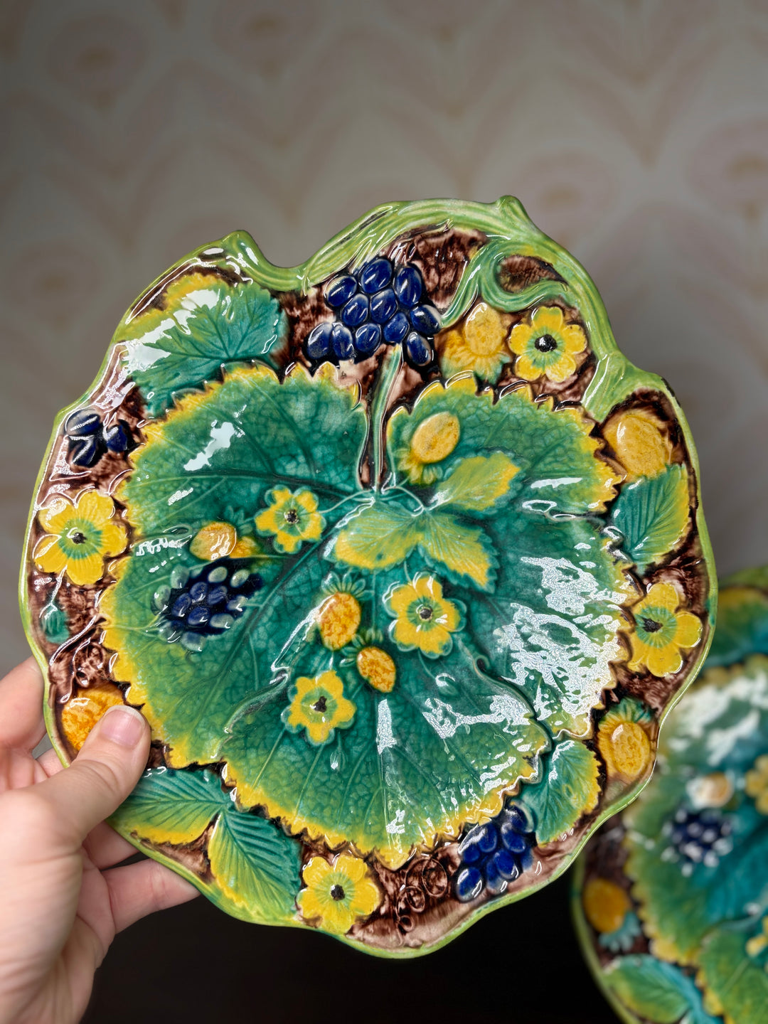 Set of 2 Samuel Alcock and Co Majolica Strawberry Leaf Plates