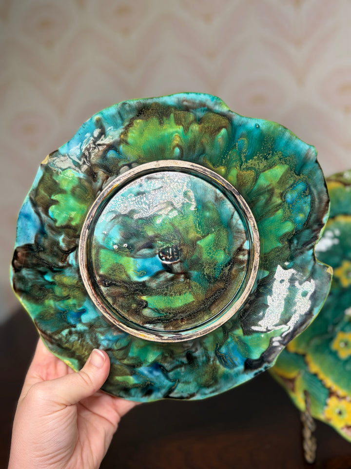 Set of 2 Samuel Alcock and Co Majolica Strawberry Leaf Plates