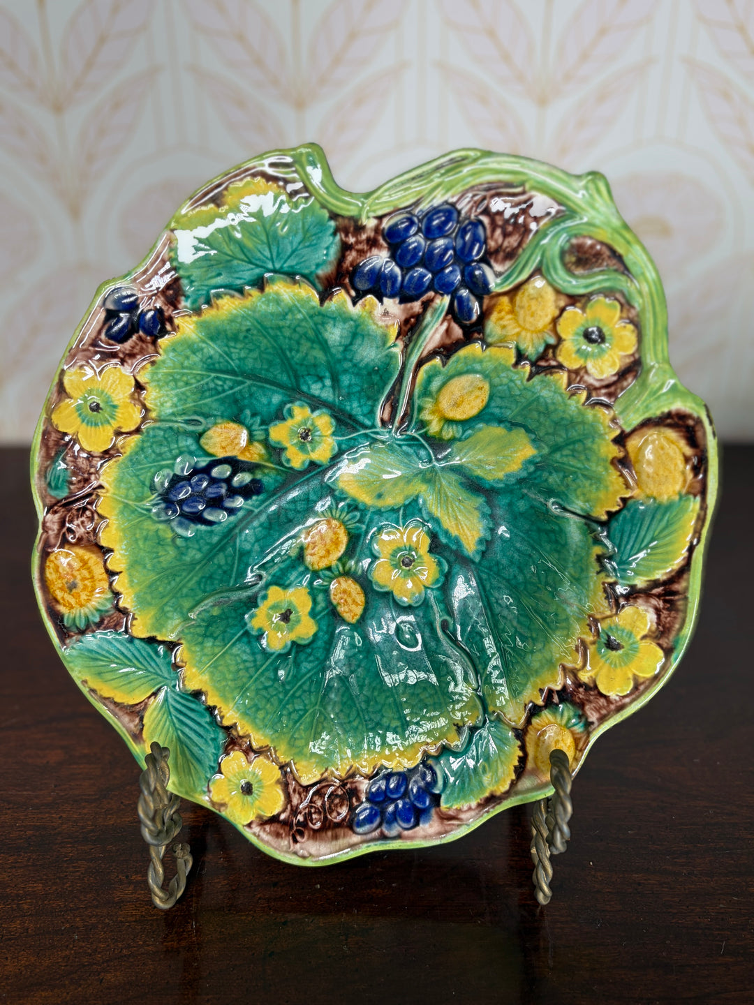 Set of 2 Samuel Alcock and Co Majolica Strawberry Leaf Plates
