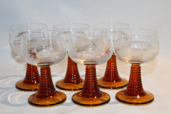 Vintage Amber Beehive Stem Glasses Etched Grape Leaves