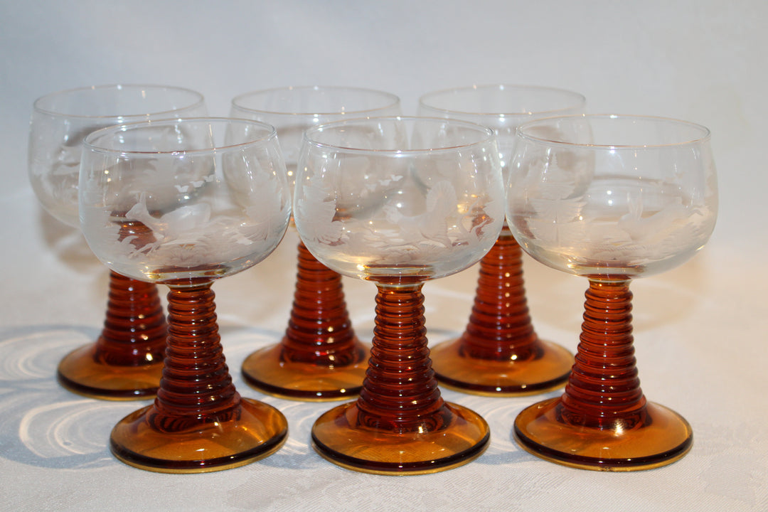 Vintage Amber Beehive Stem Glasses Etched Grape Leaves