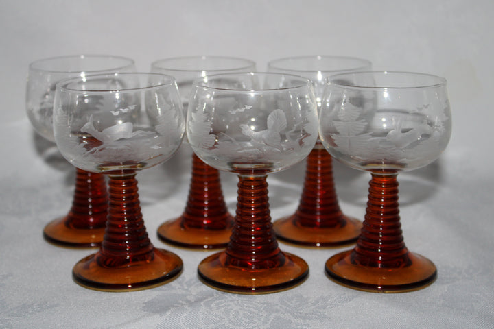 Vintage Amber Beehive Stem Glasses Etched Grape Leaves