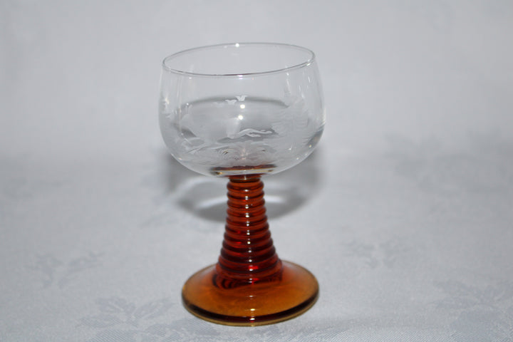 Vintage Amber Beehive Stem Glasses Etched Grape Leaves