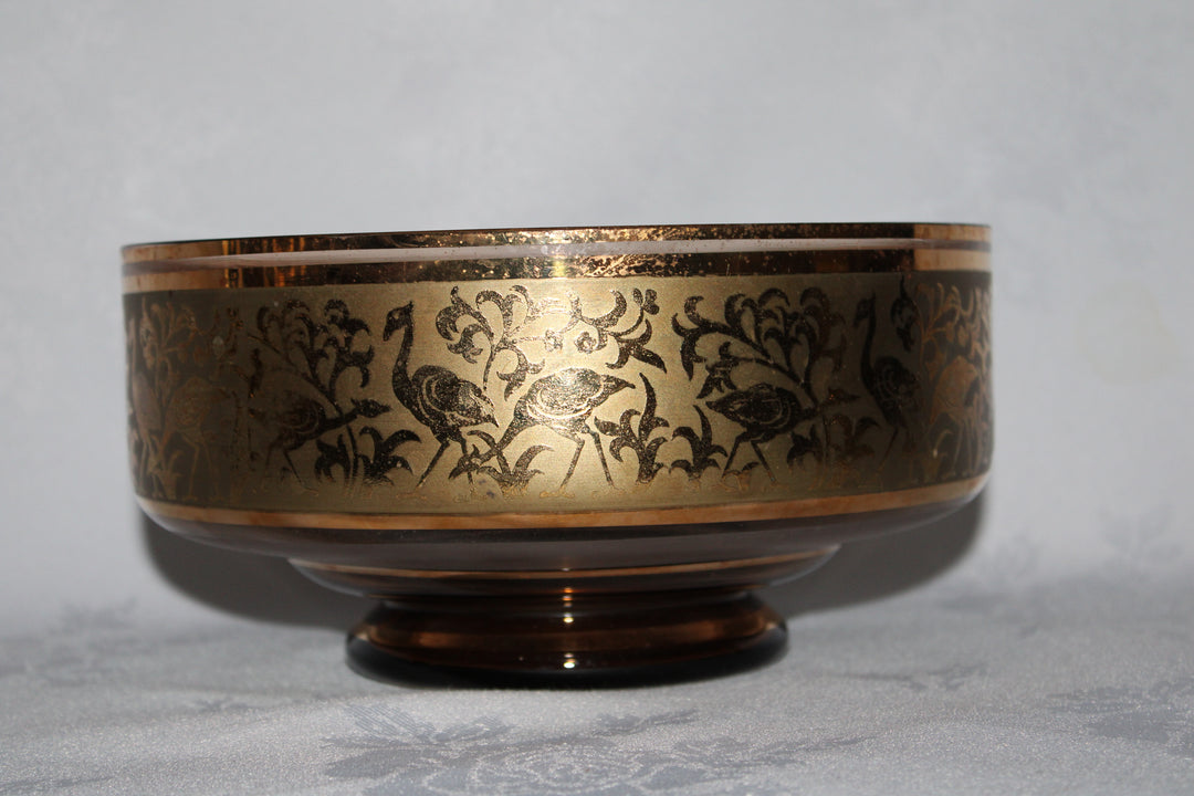 Amber Glass 14k Gold Egret / Crane Open Bowl Vintage Tableware