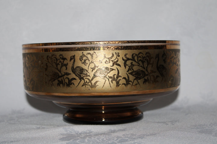 Amber Glass 14k Gold Egret / Crane Open Bowl Vintage Tableware
