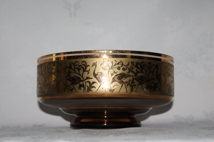 Amber Glass 14k Gold Egret / Crane Open Bowl Vintage Tableware