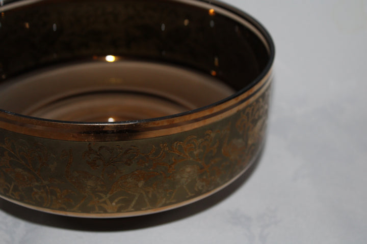 Amber Glass 14k Gold Egret / Crane Open Bowl Vintage Tableware