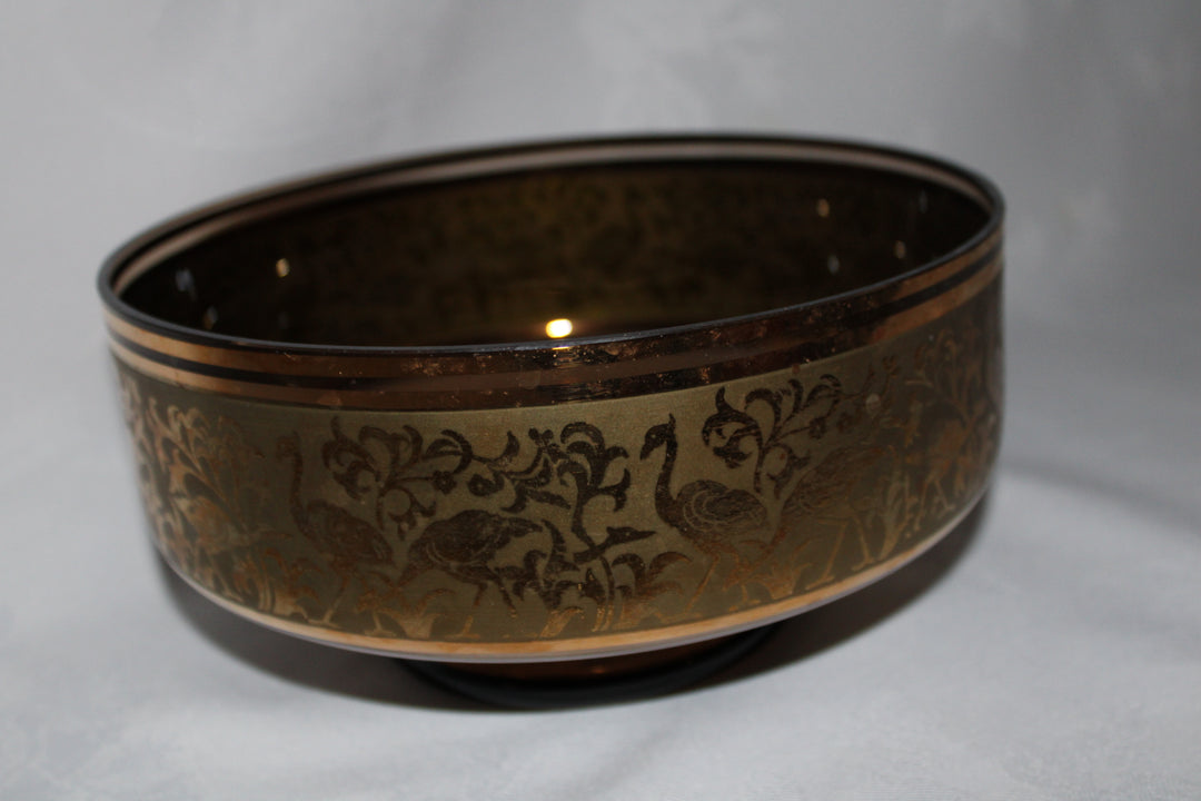 Amber Glass 14k Gold Egret / Crane Open Bowl Vintage Tableware