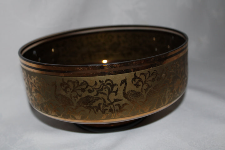 Amber Glass 14k Gold Egret / Crane Open Bowl Vintage Tableware