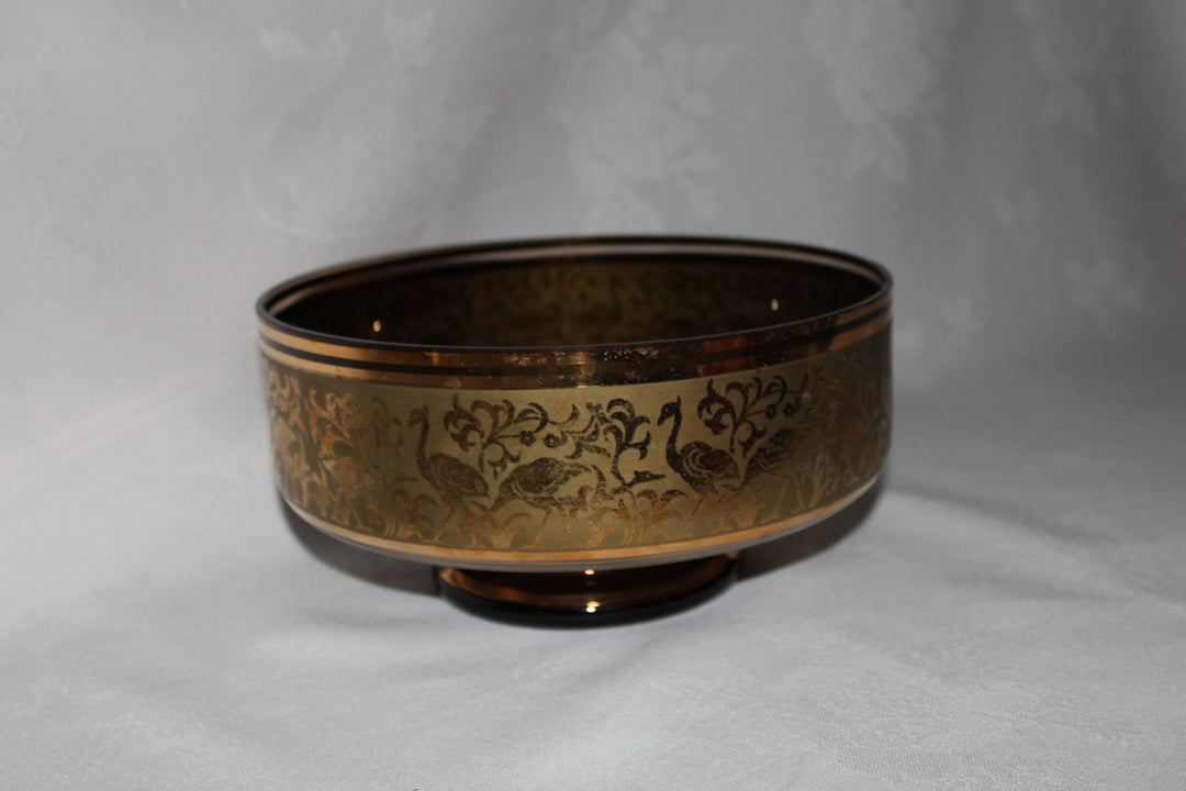 Amber Glass 14k Gold Egret / Crane Open Bowl Vintage Tableware