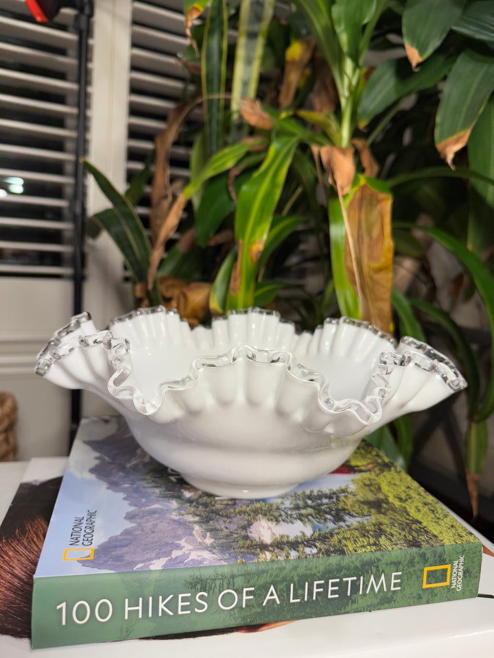 Vintage Fenton Silver Crest Milk Glass Ruffled Bowl
