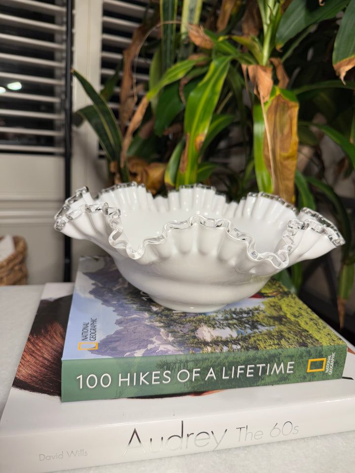Vintage Fenton Silver Crest Milk Glass Ruffled Bowl