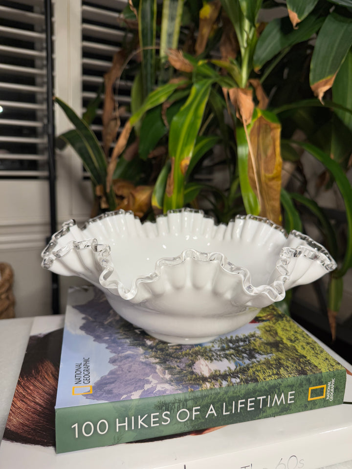 Vintage Fenton Silver Crest Milk Glass Ruffled Bowl