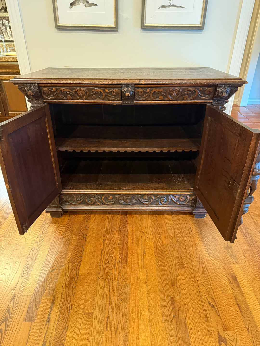 Antique French Renaissance Revival Server Sideboard Buffet Cabinet Oak 19C