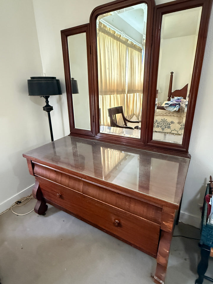 Antique Solid Mahogany Tri-Fold Mirror Imperial Dresser *Local Pickup Available in Honey Grove, TX*