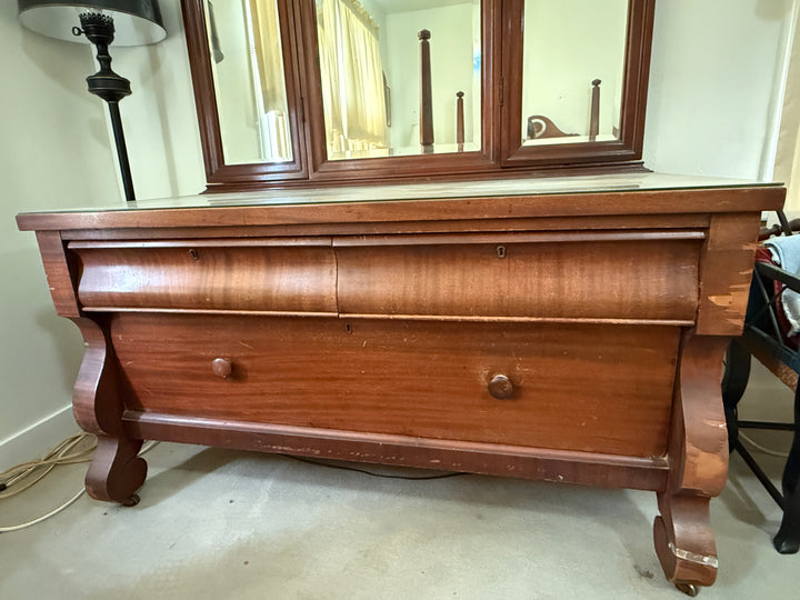Antique Solid Mahogany Tri-Fold Mirror Imperial Dresser *Local Pickup Available in Honey Grove, TX*