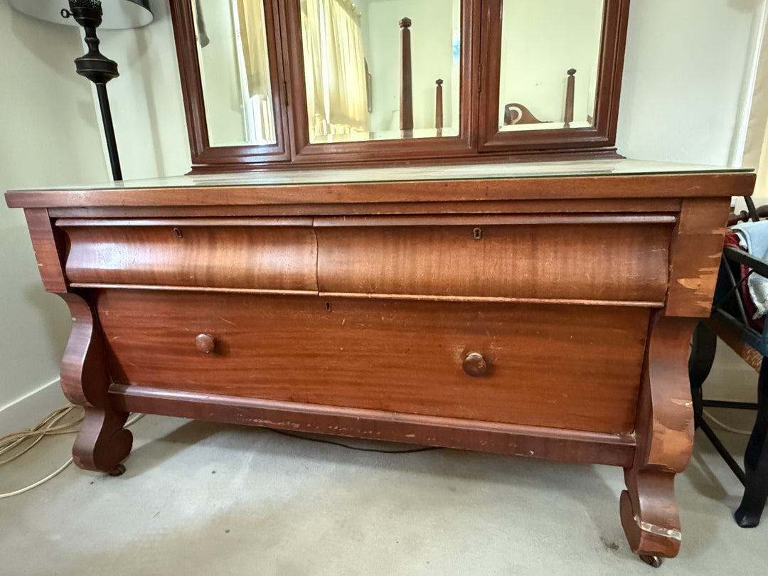 Antique Solid Mahogany Tri-Fold Mirror Imperial Dresser *Local Pickup Available in Honey Grove, TX*
