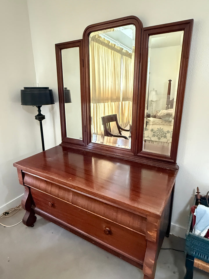 Antique Solid Mahogany Tri-Fold Mirror Imperial Dresser *Local Pickup Available in Honey Grove, TX*