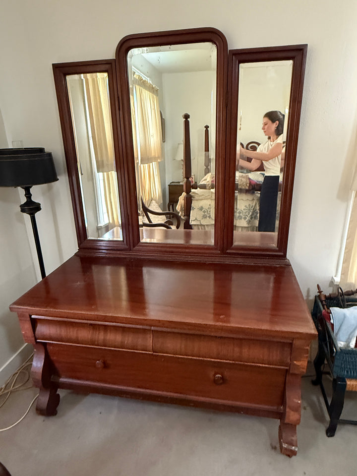 Antique Solid Mahogany Tri-Fold Mirror Imperial Dresser *Local Pickup Available in Honey Grove, TX*