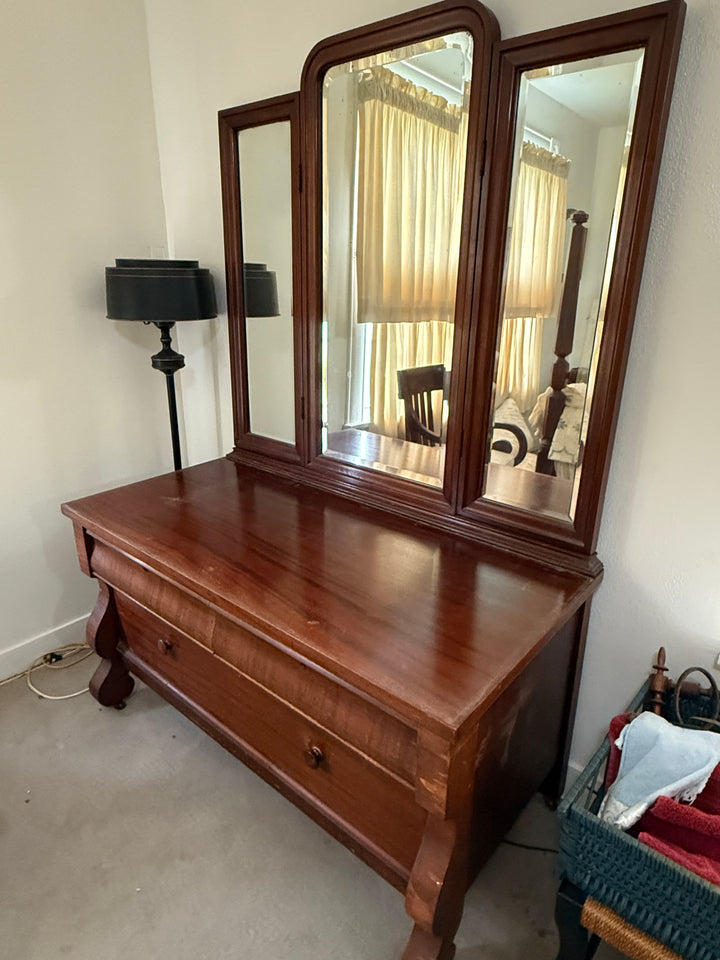 Antique Solid Mahogany Tri-Fold Mirror Imperial Dresser *Local Pickup Available in Honey Grove, TX*