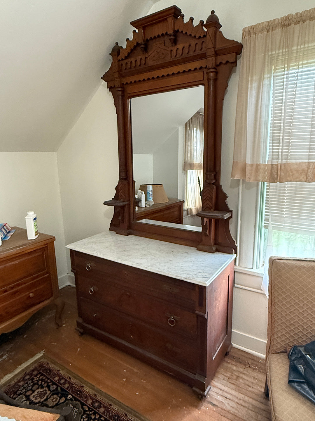 Victorian Style Walnut Dresser with Marble Top and Standing Mirror *Local Pickup Available in Honey Grove, TX*