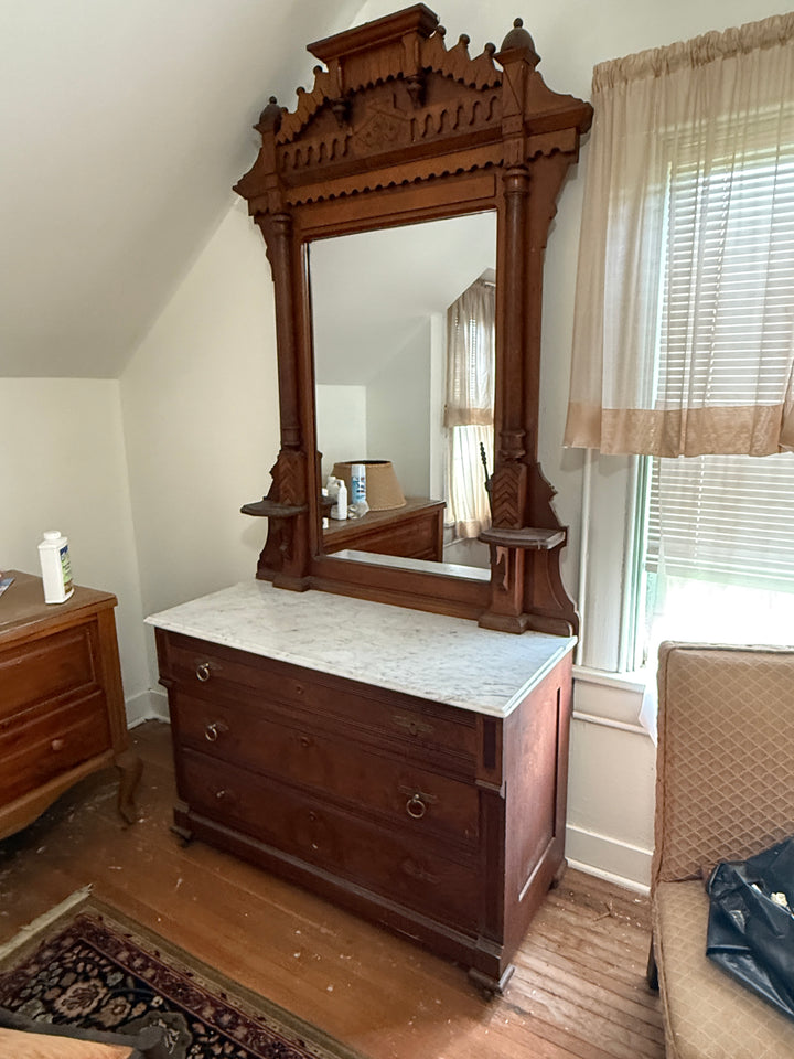 Victorian Style Walnut Dresser with Marble Top and Standing Mirror *Local Pickup Available in Honey Grove, TX*