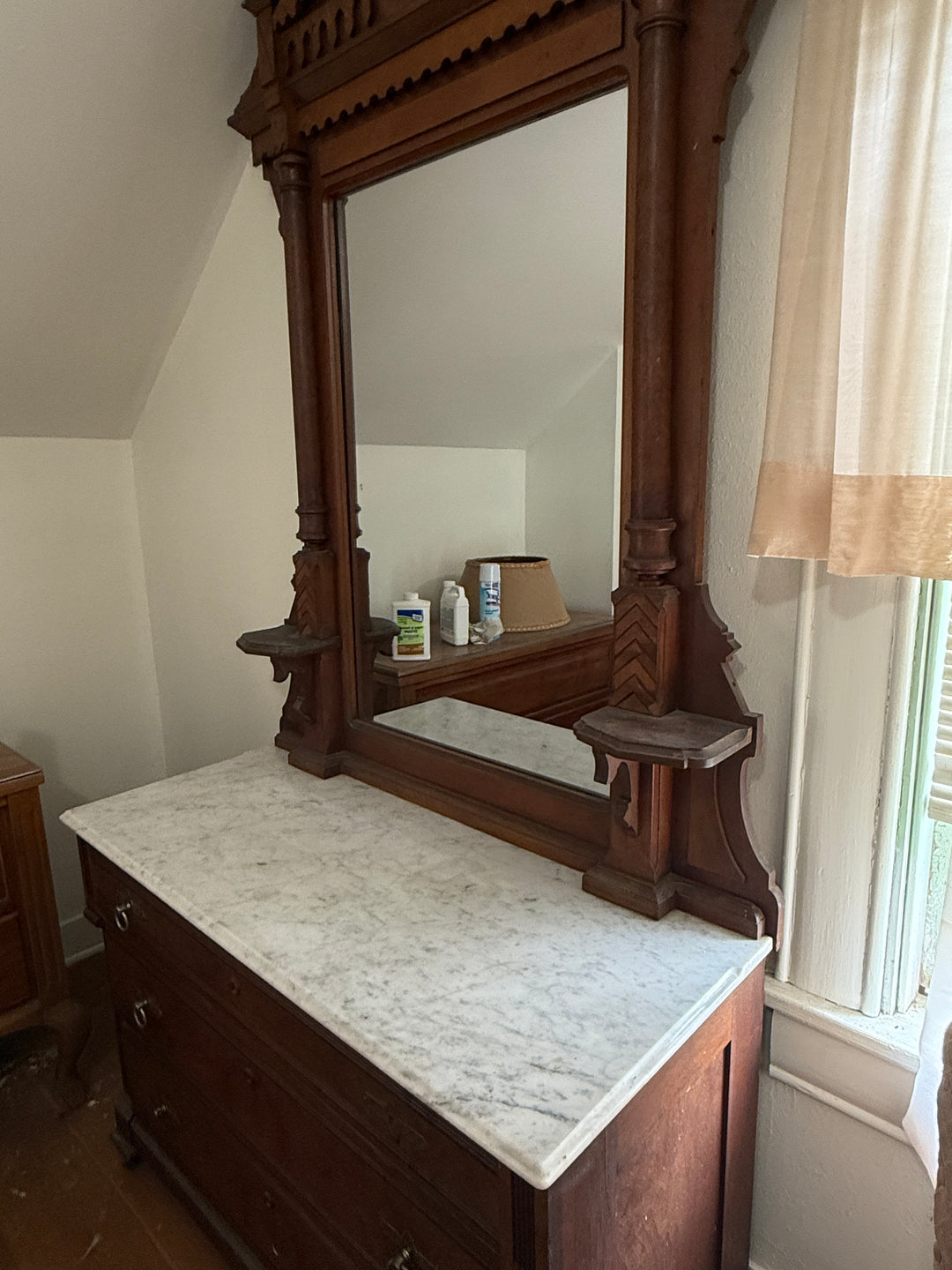 Victorian Style Walnut Dresser with Marble Top and Standing Mirror *Local Pickup Available in Honey Grove, TX*