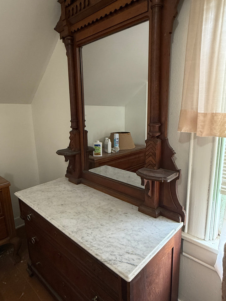 Victorian Style Walnut Dresser with Marble Top and Standing Mirror *Local Pickup Available in Honey Grove, TX*