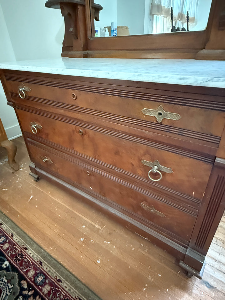 Victorian Style Walnut Dresser with Marble Top and Standing Mirror *Local Pickup Available in Honey Grove, TX*