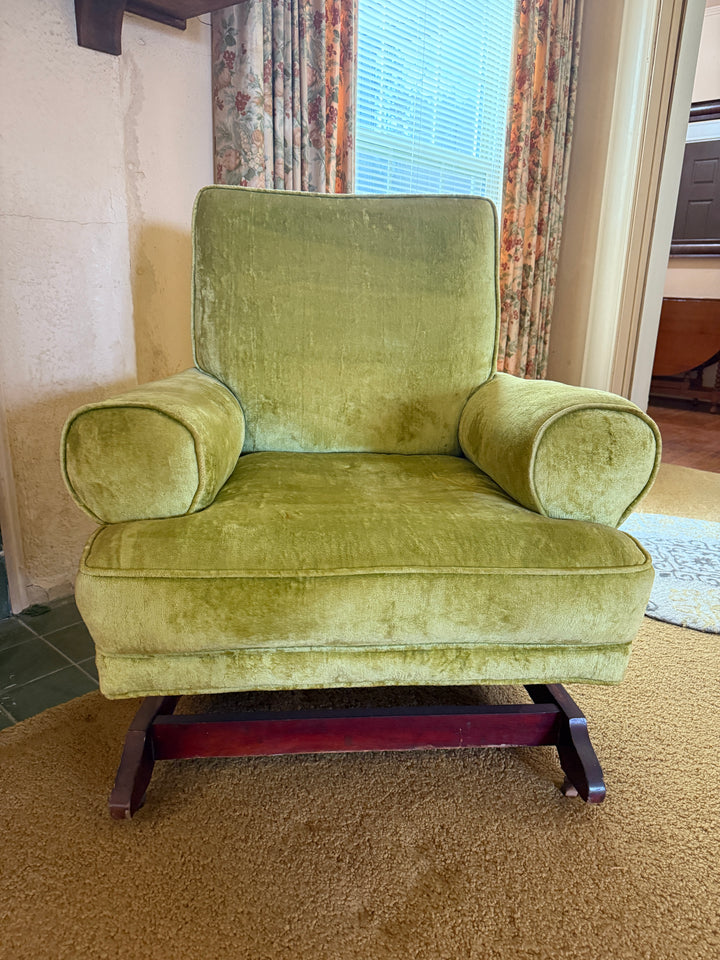 Vintage Mid-Century Green Velvet Lounge Chair – Rocking Base Convertible *Local Pickup Available in Honey Grove, TX*