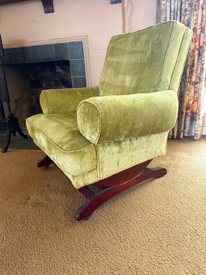 Vintage Mid-Century Green Velvet Lounge Chair – Rocking Base Convertible *Local Pickup Available in Honey Grove, TX*
