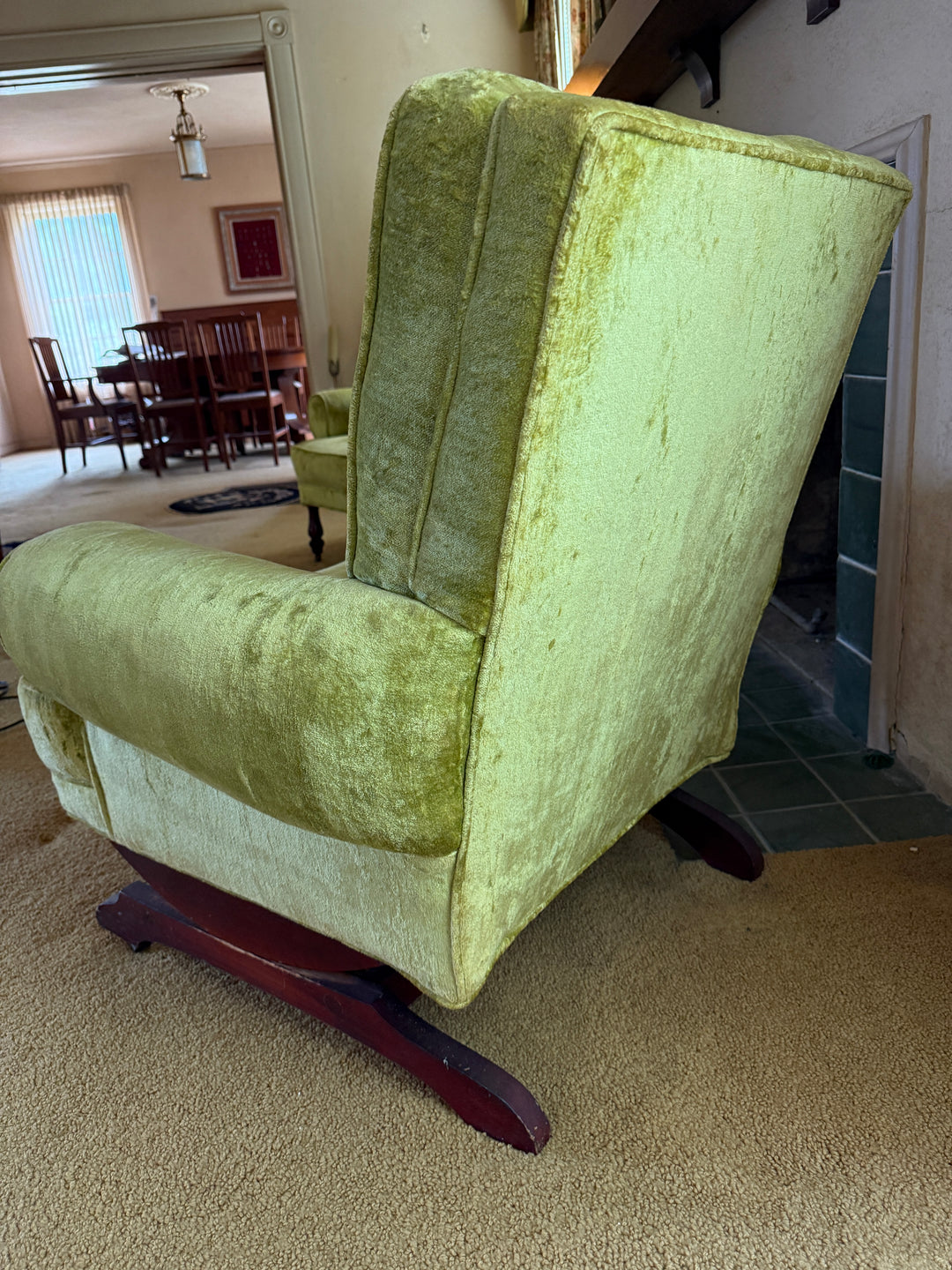 Vintage Mid-Century Green Velvet Lounge Chair – Rocking Base Convertible *Local Pickup Available in Honey Grove, TX*