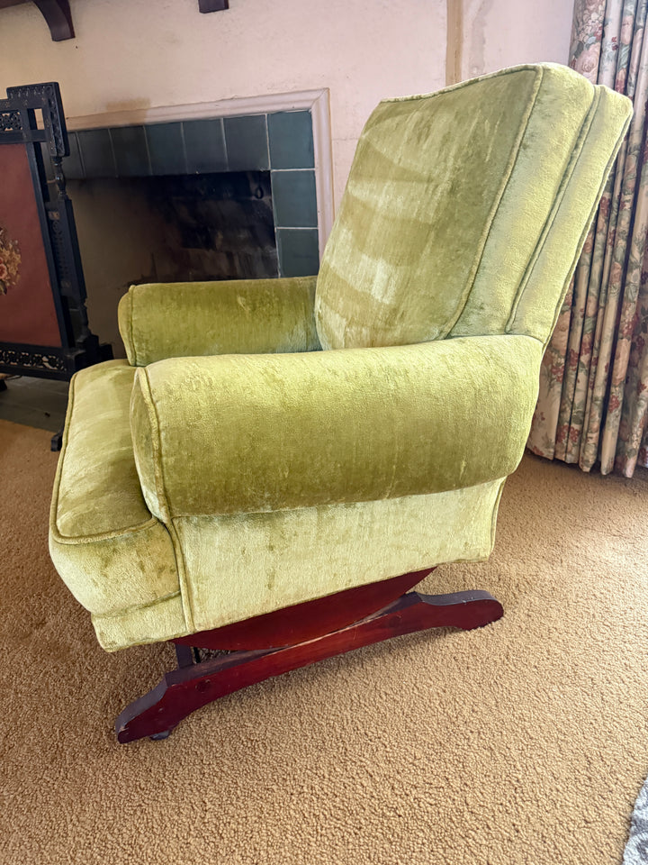 Vintage Mid-Century Green Velvet Lounge Chair – Rocking Base Convertible *Local Pickup Available in Honey Grove, TX*