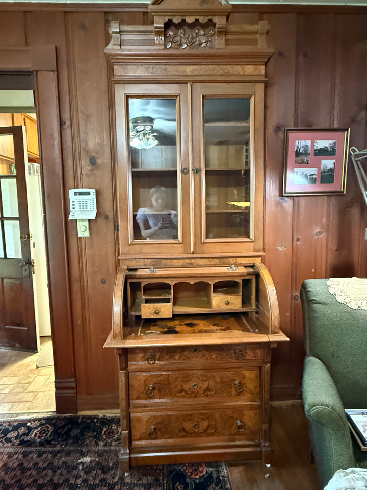 Burled Walnut Eastlake-Style Secretary Desk and Bookcase *Local Pickup Available in Honey Grove, TX*