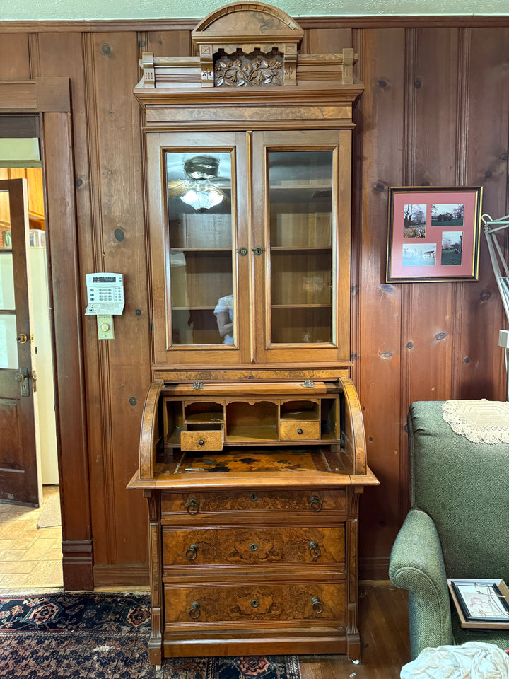 Burled Walnut Eastlake-Style Secretary Desk and Bookcase *Local Pickup Available in Honey Grove, TX*